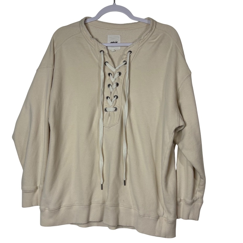 Aerie Oversized Lace-Up Pullover Sweatshirt Vtg Vanilla Boho Beachy S Gorpcore